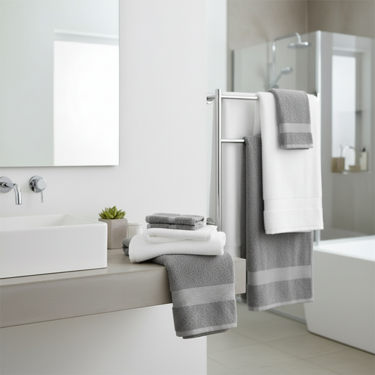 Premium bath towels hung on a towel rack in a modern bathroom